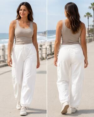 Good American Parachute Cargo Pants Drawstring Cloud White L NWT
